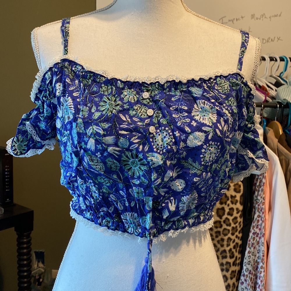 Poupette St. Barth Blue Cold Shoulder Crop Top W/Tassels - Picture 3 of 12